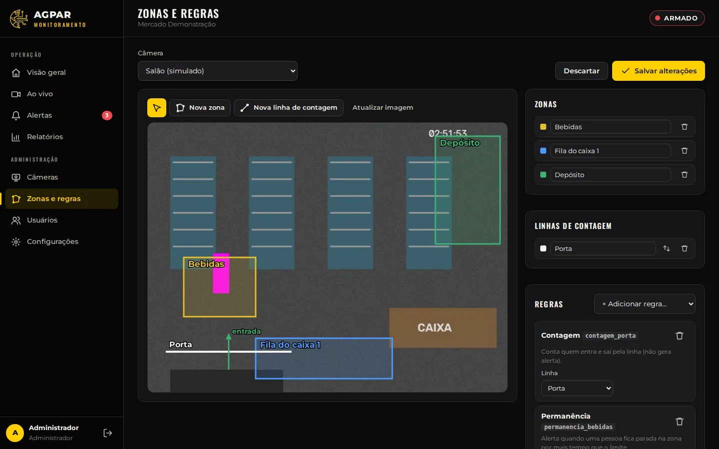Editor de zonas: desenho das áreas monitoradas sobre a imagem da câmera